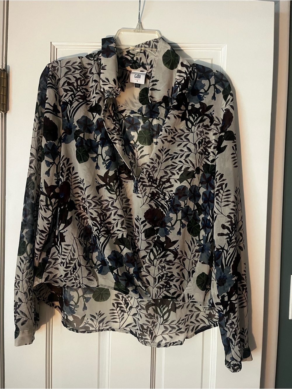 CAbi Sheer Floral Button-Down Blouse in Gray, Blue and Green